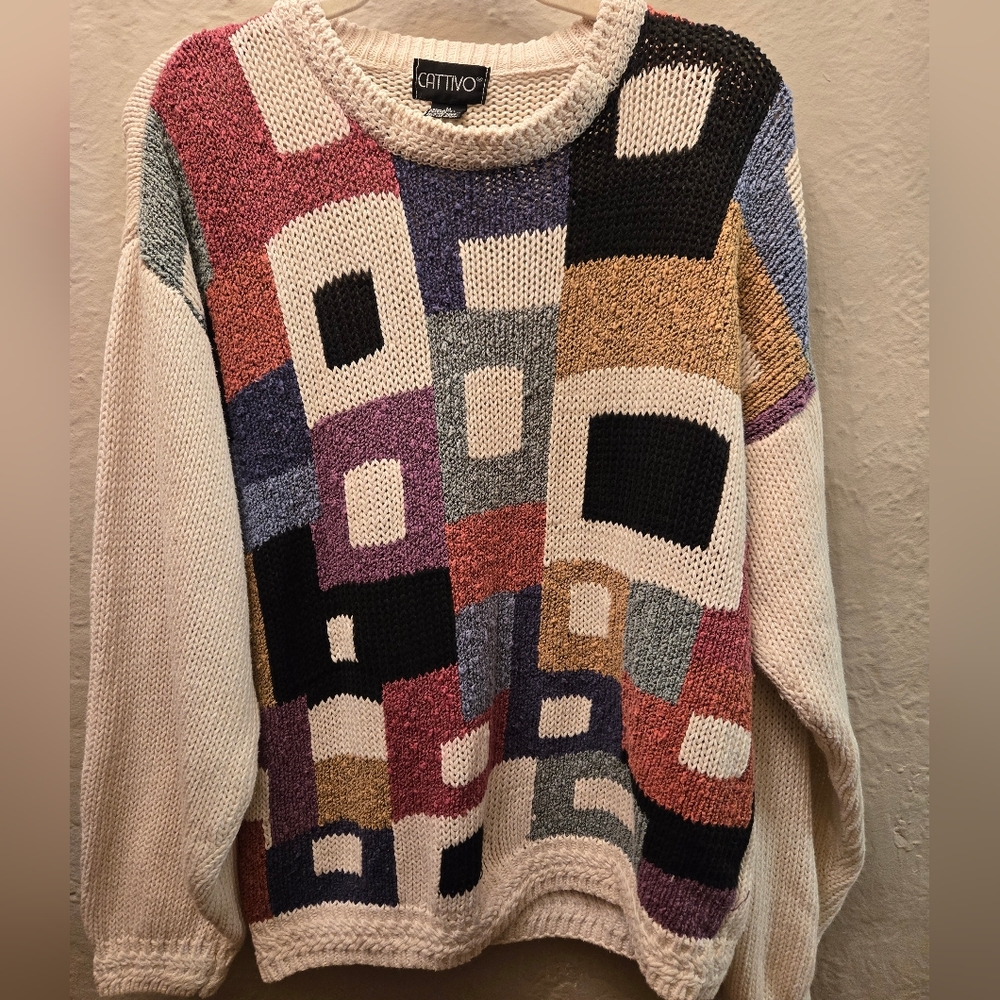 Vintage 90s Abstract Knit Sweater Colorblock Chunky Oversized Art Knit